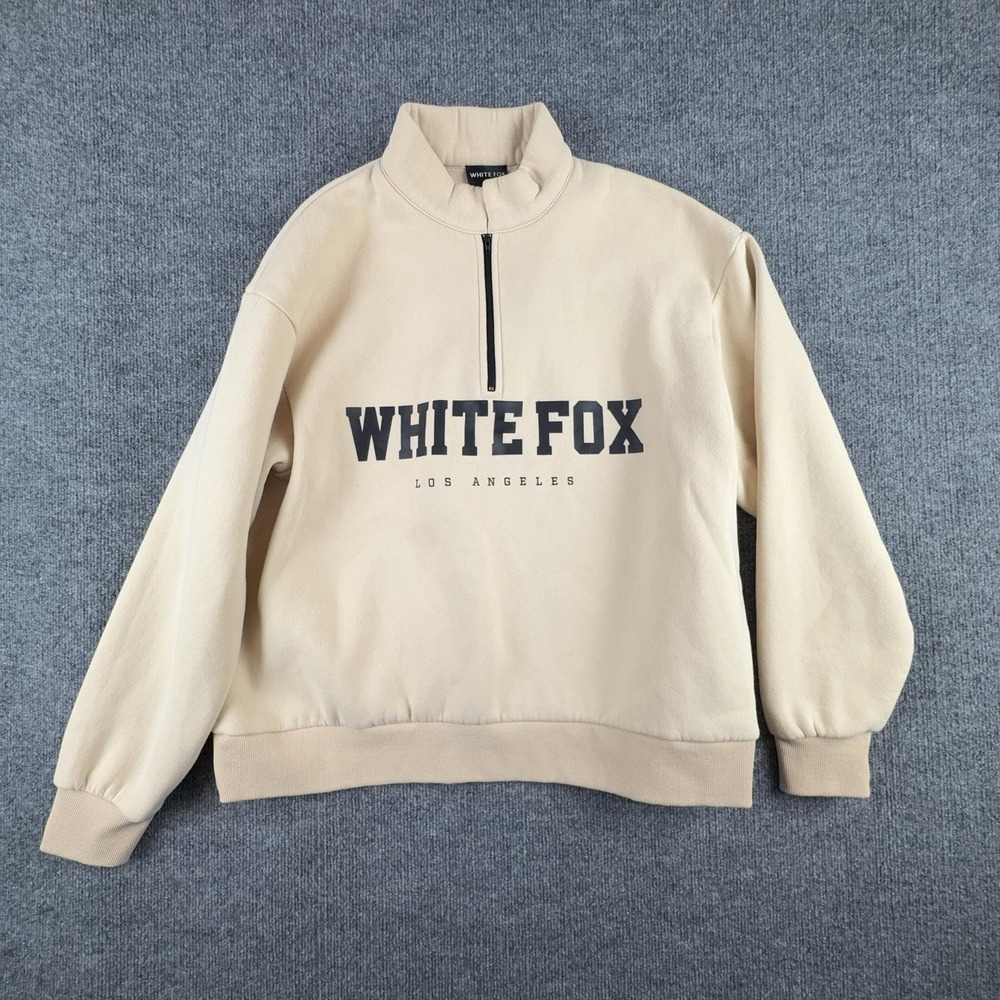 White Fox Sweatshirt Womens S/M Beige Fleece 1/4 Zip Mock Neck Los Angeles